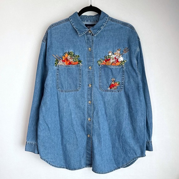 VTG Solutions Denim Button Down Shirt Large Embroider Fall Harvest Scarecrow - Picture 1 of 10